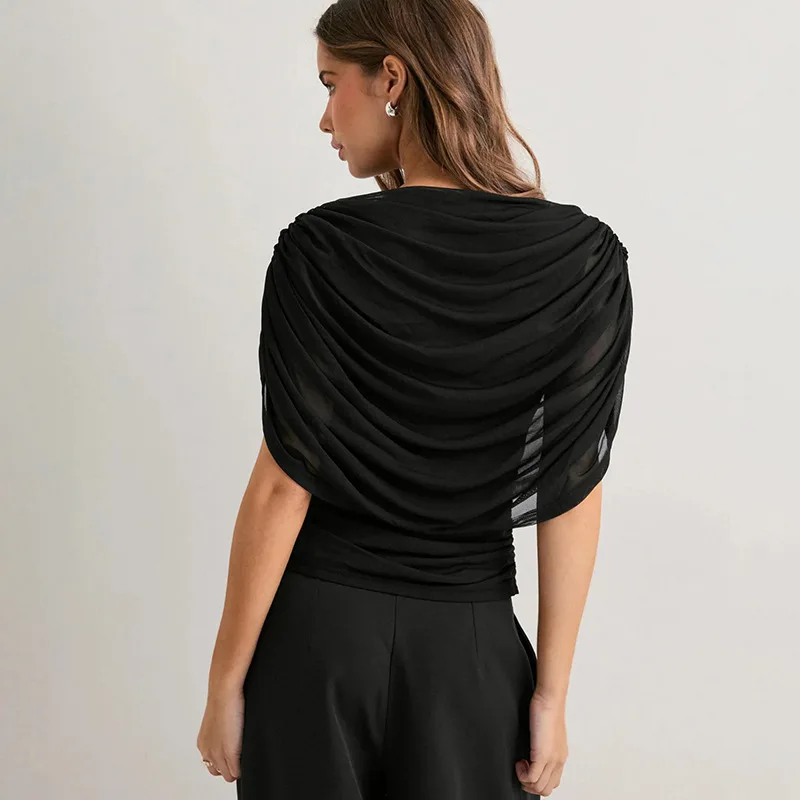 Women's Solid Color Draped Chiffon Shirt Pleated Waist Corner Sleeve Summer Elegant Slim Loose Fashionable Evening Formal Top