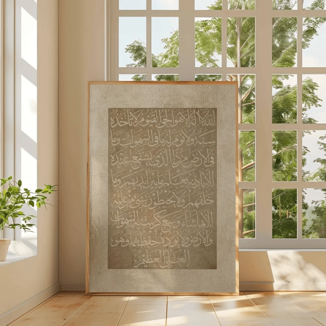 

2D/Flat Modern Beige Islamic Wall Art Print, Frameless Vintage Ayatul Kursi Wall Art Poster for Living Room and Bedroom Decor