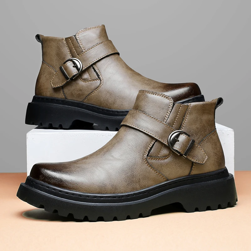 Korean Fashion Men's Comfortable Side Zipper Thick Bottom Anti Slip Mid Top Boots Autumn New Brand Business Casual Leather Boots