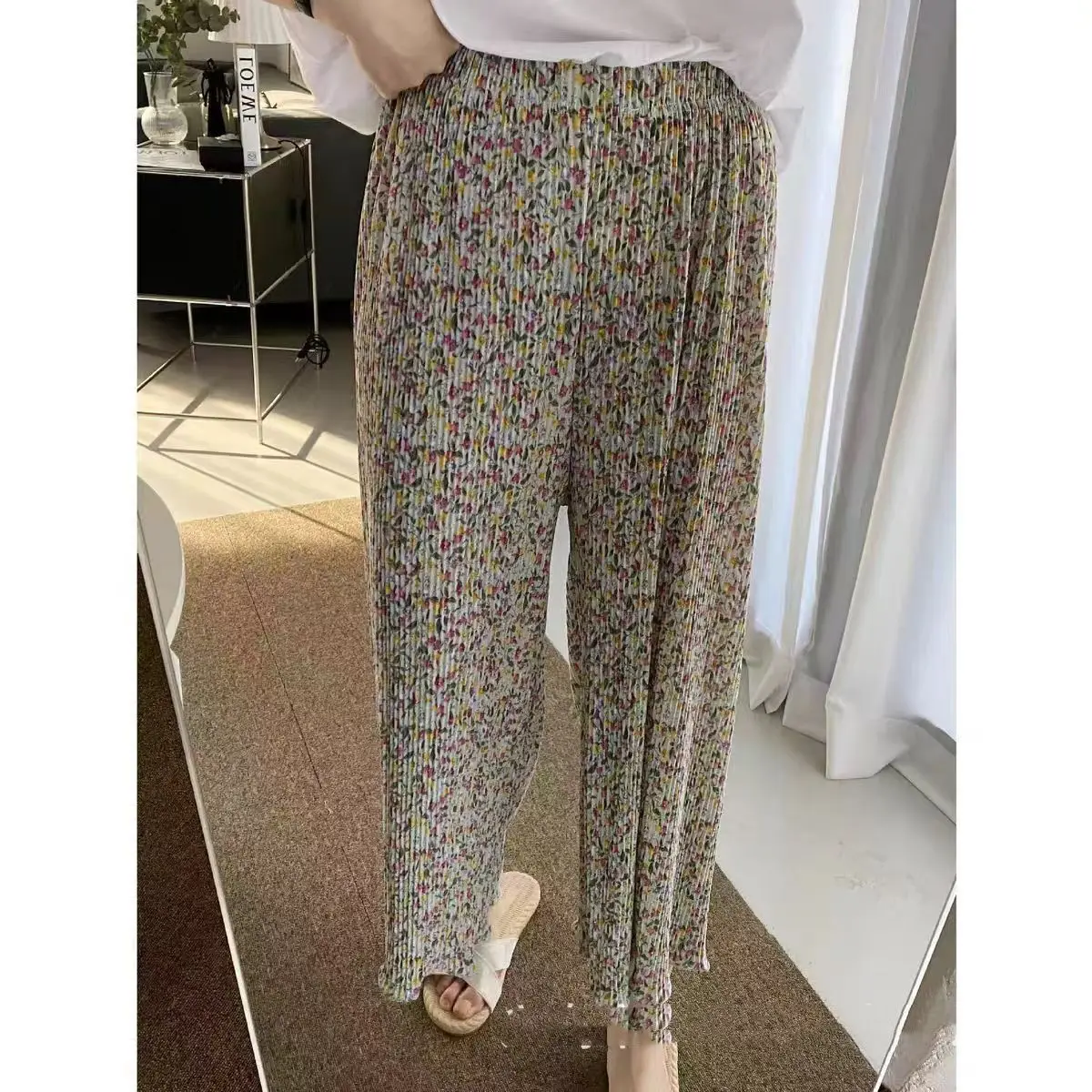 Elastic Waist Boho Plaid Flower Pleated Long Pant Wide Straight Leg Trouser Casual korean Women Elegant Home Sleeping Pants