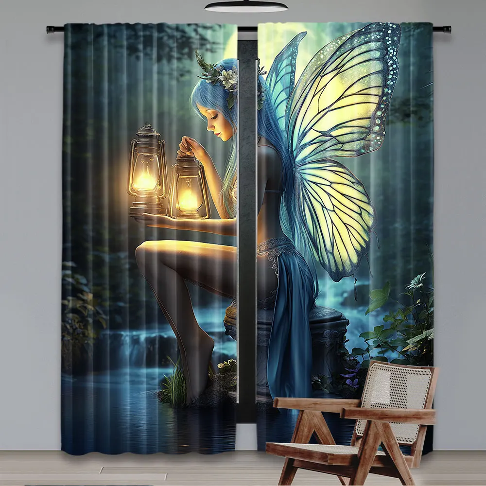 2Pcs Fantasy Curtain Little Pixie Elf Forest Woodland Sitting Stone Myth For Bedroom Living Room And Dining Room 29.53X65.35In,