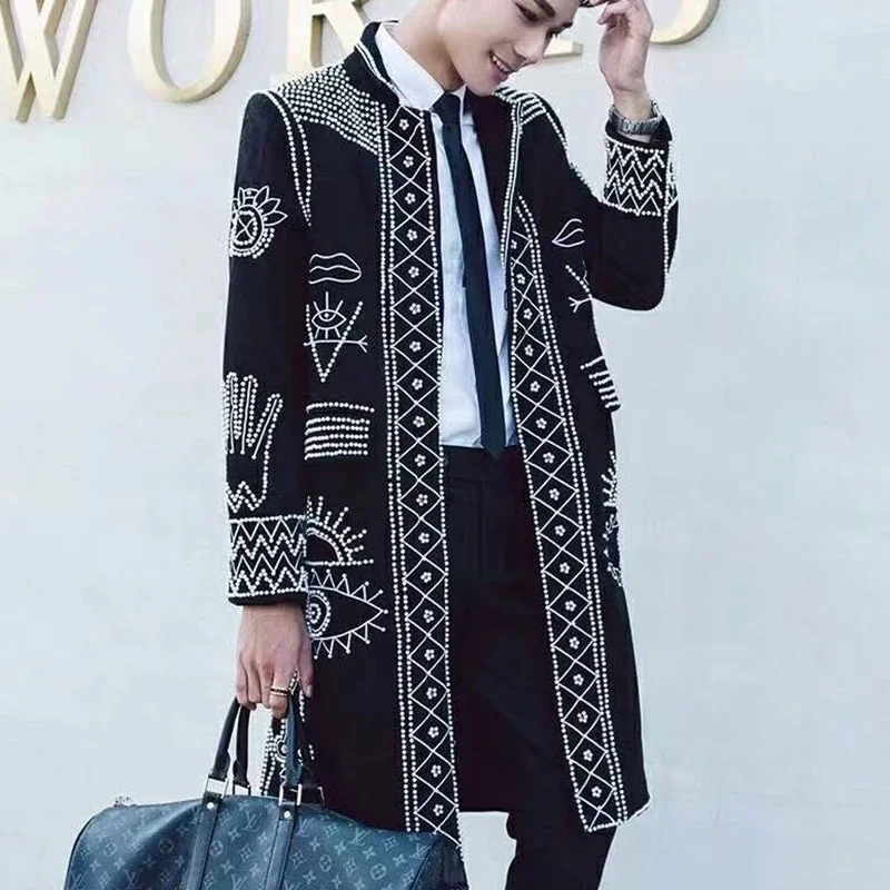 Top Quality Heavy Beaded Embroidered Jacket Men's Slim Fit Long Jacket Men Coat Nightclub Master Clothes Performance Club Stage