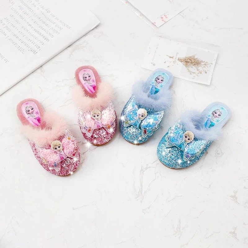 2025 Elsa Girls Slippers, Plush Lined Closed-Toe House Shoes for Kids Winter Cartoon Design