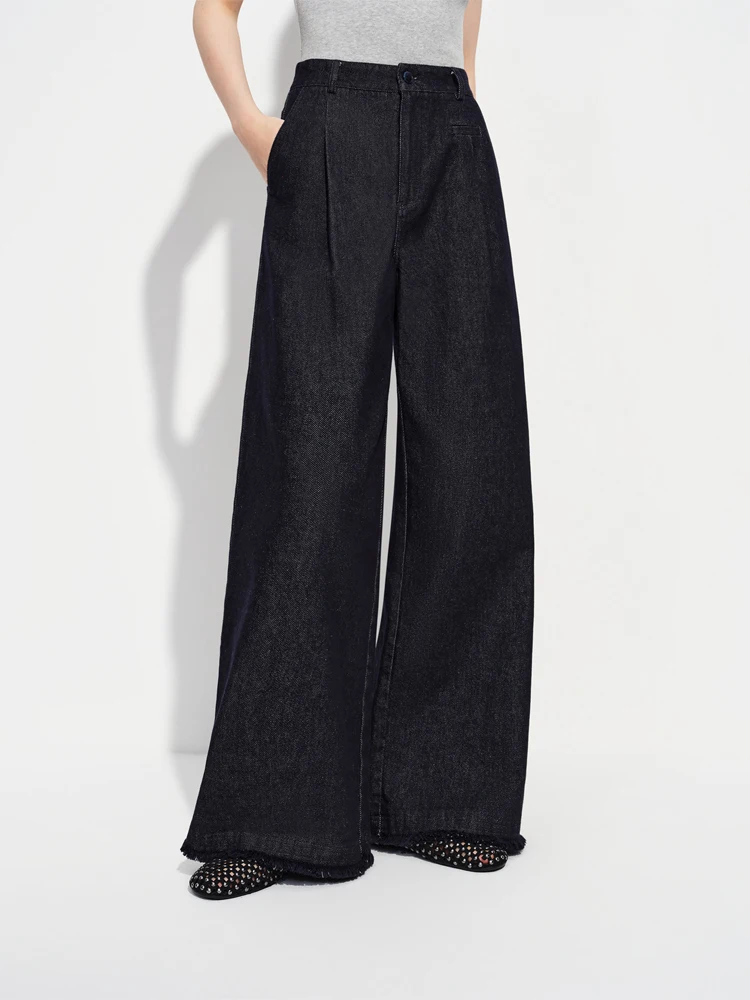 Hoge taille wijde pijpen jeans dames losse pasvorm denim lente 2026 nieuw ontwerp afslankende broek woon-werkverkeer katoen knoopsluiting