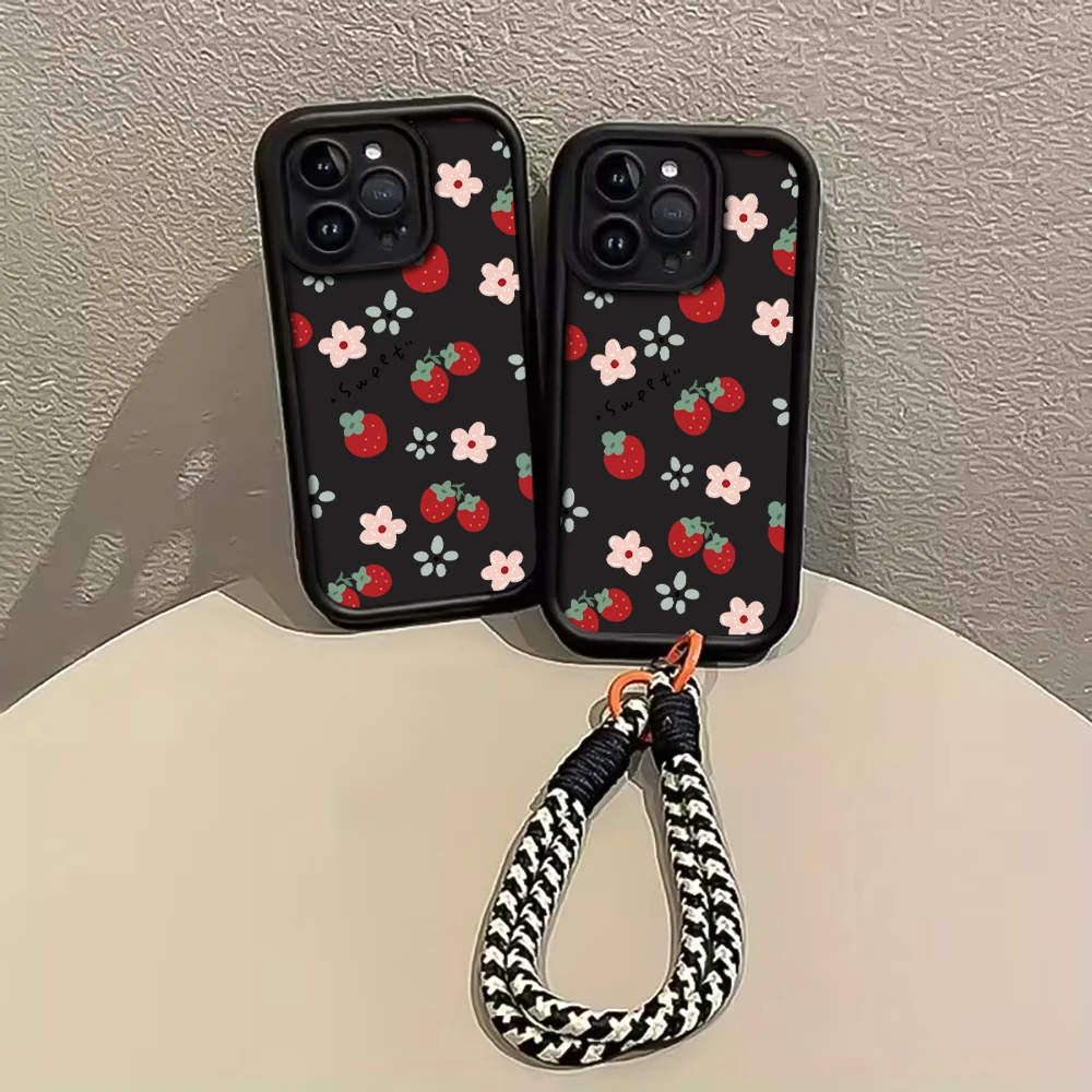 Erdbeer-Blumenmuster Handyhülle mit Trageriemen für iPhone 12 13 14 15 16 17 Pro Max 15 14 13 Plus 17E Stoßfeste Matte Silikonhülle – Detail 2