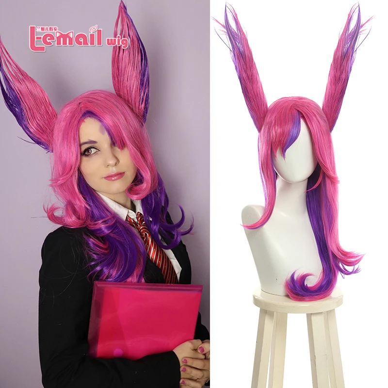 L-email wig Synthetic Hair Xayah Cosplay Wig LoL Star Guardians Cosplay Long Pink Purple Wig with Ears Halloween Heat Resistant