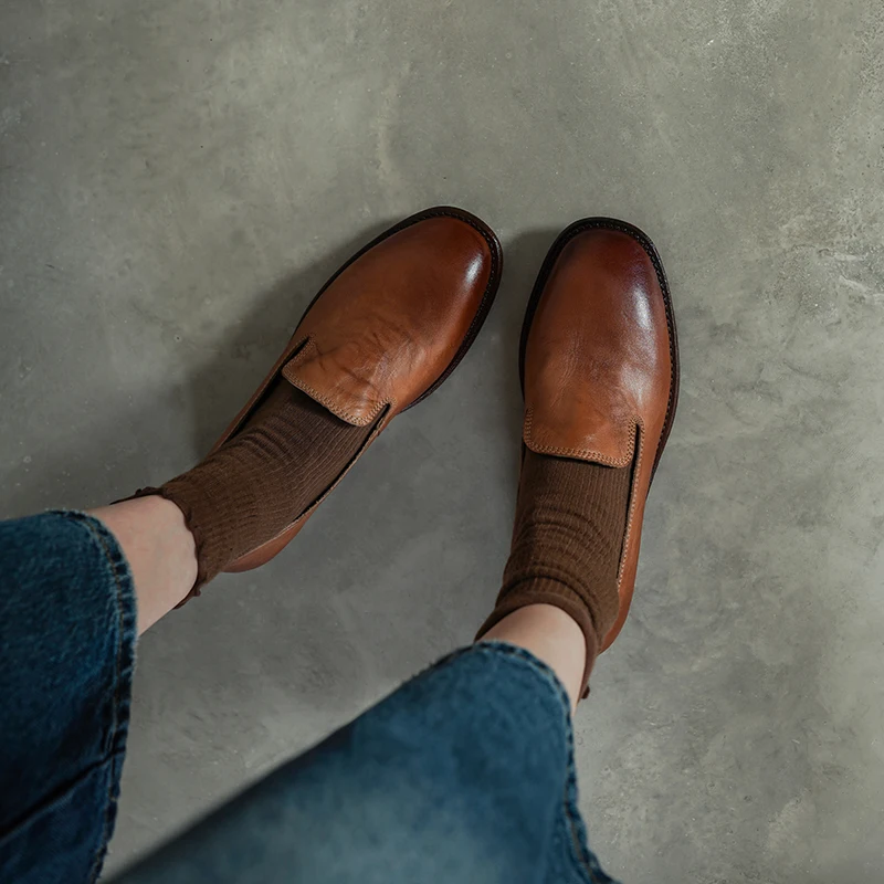 Smallhut novo 2026 tendência primavera genuíno couro de vaca mocassins rua estilo feminino marrom preto sapatos dedo do pé redondo retro baixo bloco s