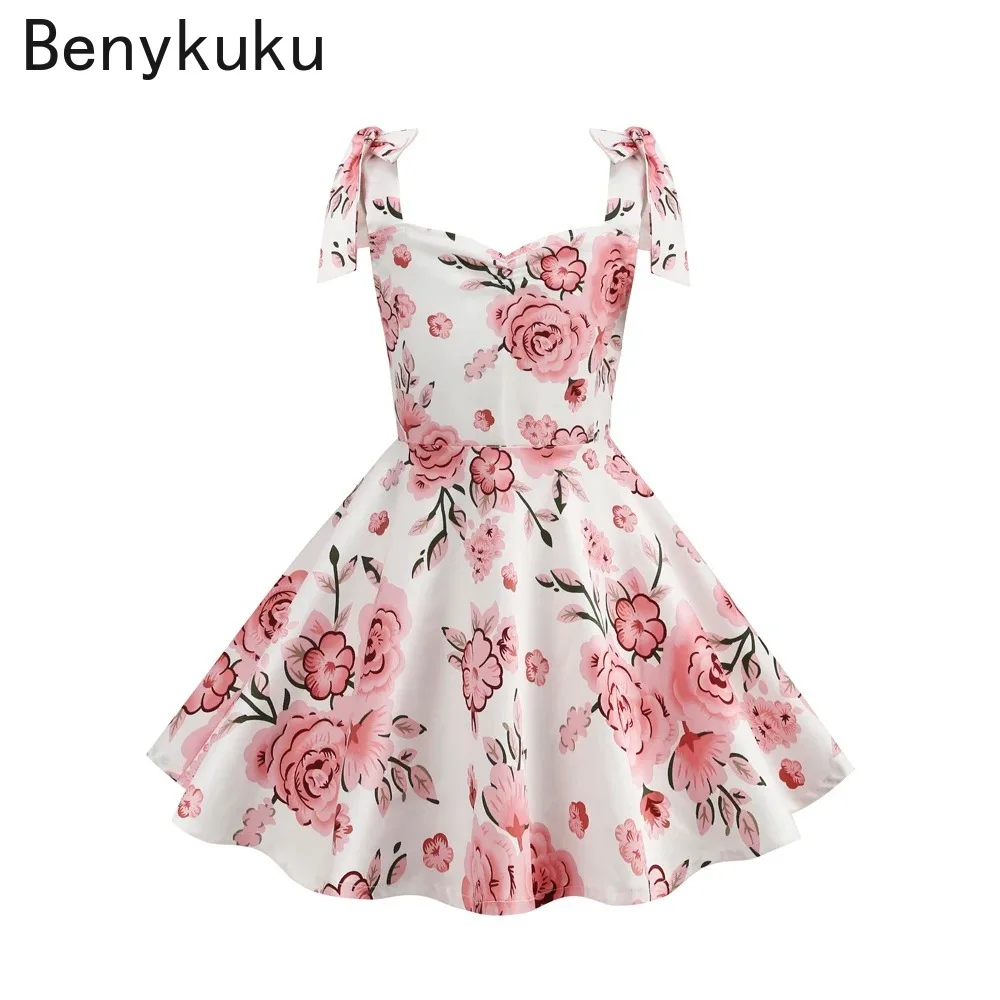 Nó cinta floral impressão crianças vestido de algodão vintage querida pescoço bebê meninas boutique vestidos de festa crianças roupas verão 2025