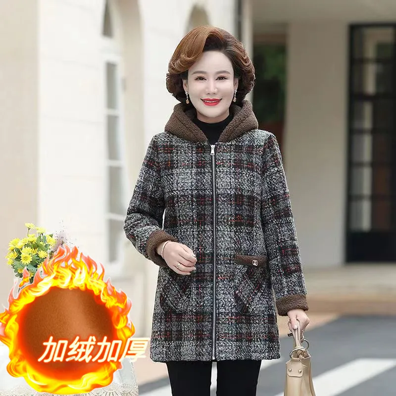 Large Size 5XL Women\'s Clothing Middle-Elderly Mothers Autumn And Winter Plush And Thick Coat Women\'s Loose Hooded Jacket Cotton