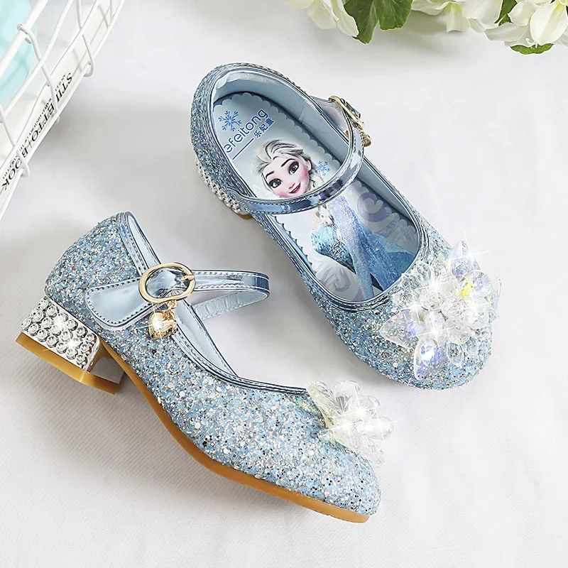 Disney Princess Crystal Shoes New Girls Single Shoes Frozen Aisha Sophia Rhinestones Shoes Performance Elegant Party Shoes