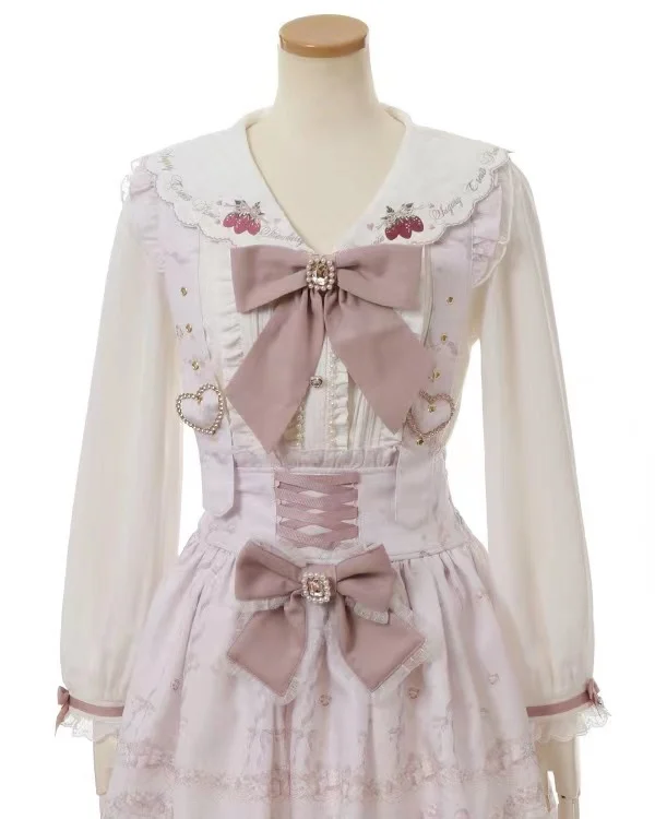 Japanese Mine Mass-Produced Ribbon Bow Rhinestone Heart Buckle Removable Printed Suspension Skirt Slim-Fit Y2k Pink Skirts Women