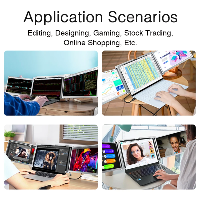 Monitor Layar Tiga Portabel FHD IPS dengan Dudukan Retraktil Layar LCD Laptop 1 Kabel untuk 3 Layar