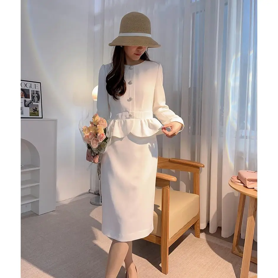 Ele High Waist Vine Fiber Long Sve round Ne Gown with Lace Trim High End Spring Collection Fake Two-Piece Dr