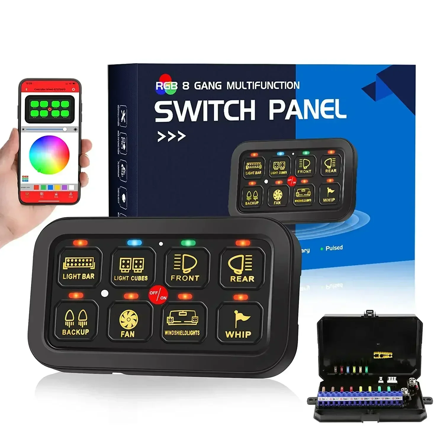 

RGB 8 Gang Switch Panel 12V 24V Toggle Momentary Pulsed Multifunction bluetooth APP On-off Switch Controller for Car ATV Boat