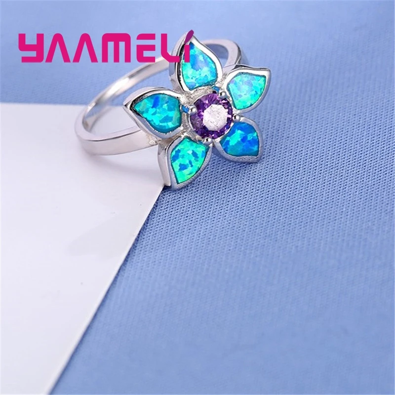 Winter Sale Purple and Blue Fire Opal Flower Ring Fashion Women Lady Best Gift Authentic 925 Silver Jewelry 925 Stamp Anillos