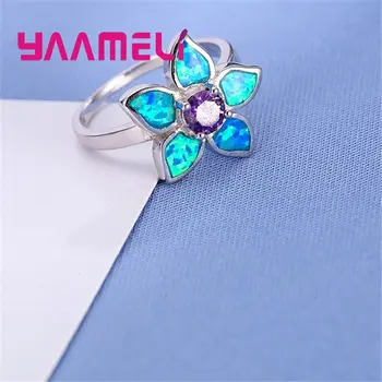 冬季特賣 紫色和藍色火歐泊花朵戒指 時尚女士最佳禮物 正品925銀飾 925印記 Anillos 10 最佳銷售 藍色蛋白石戒指 - №9