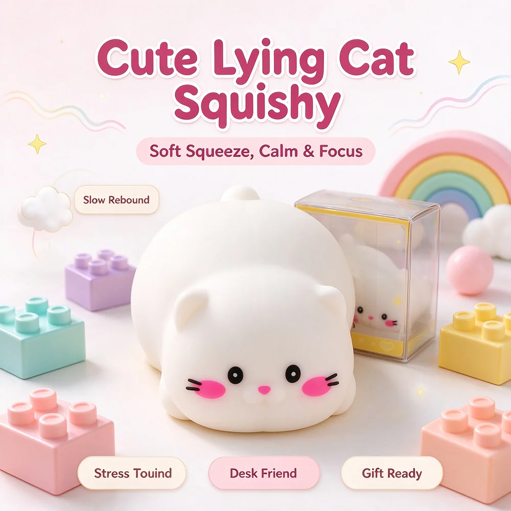 DIY Handmade Lying Cat Squishy Block Sensory Toy Crunchy Sound Slow Rebound Anti Stress Fidget Gifts for Christmas Halloween New Year Birthday Party Supplies Goodie Bag Fillers