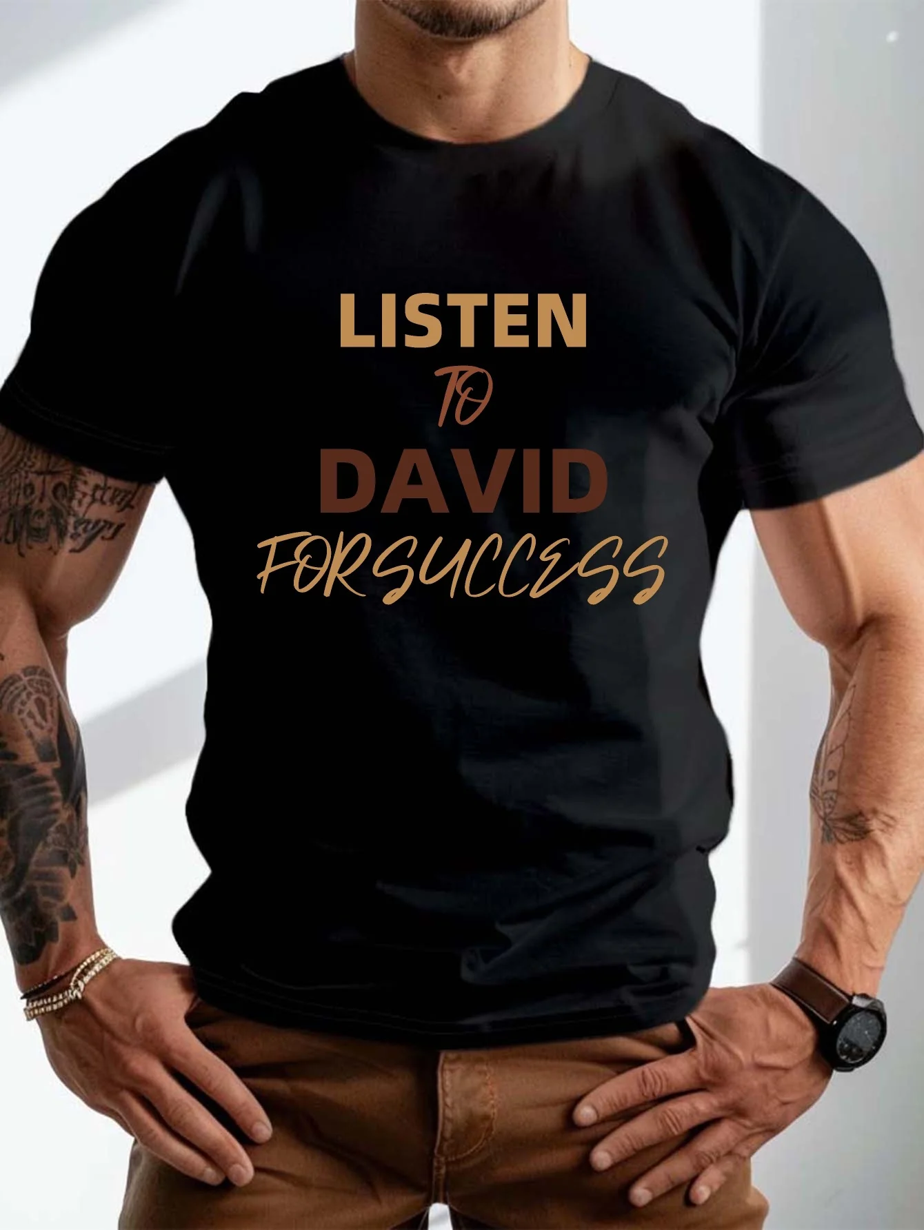 Plus Size Men's Summer T-Shirt - David Success Pattern, Casual Short Sleeve, Breathable Fiber, Machine Washable, Extra Large Size