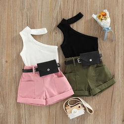 Kleinkind Kleinkind Baby Kleidung Mädchen Tanks Tops Shorts Hüft tasche Taschen Dekoration lässigen Stil Sommer Kinder kleidung Set