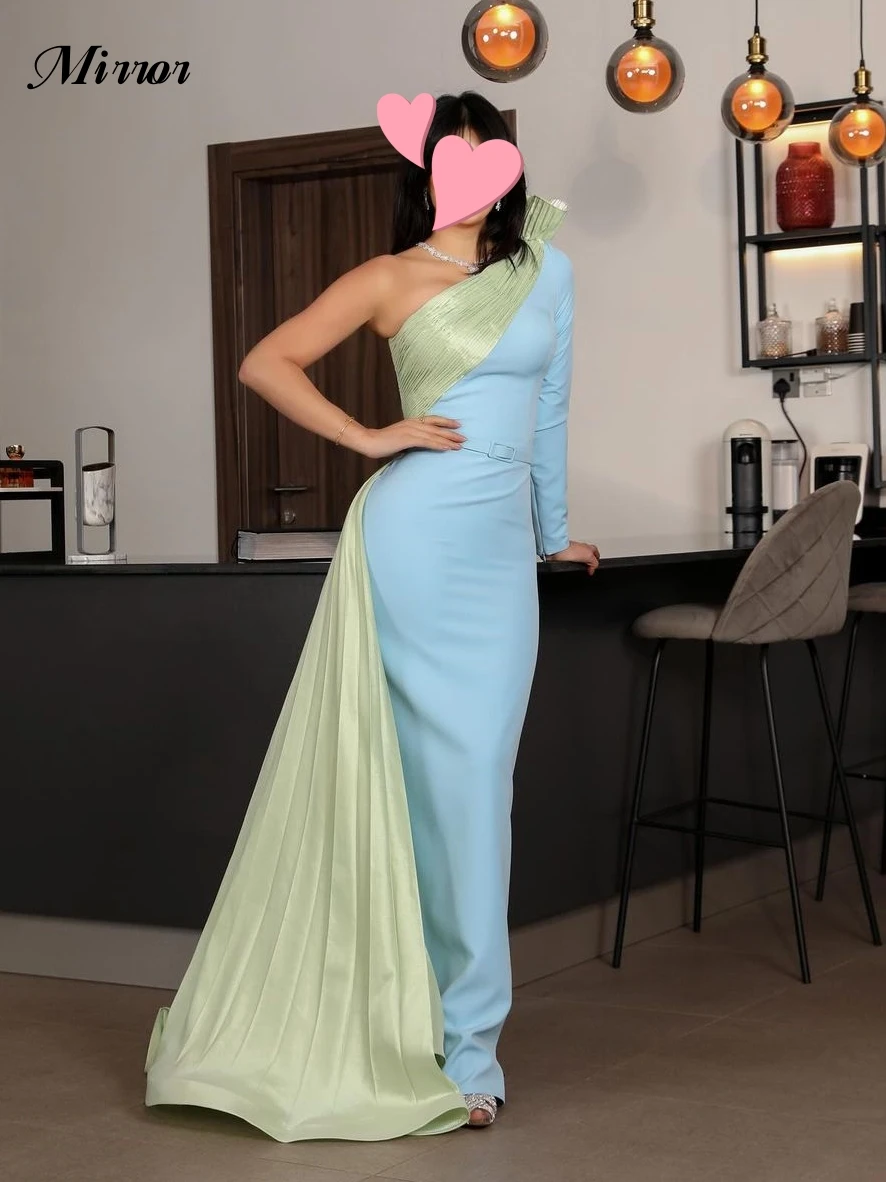 Mirror Dress Elegant Vintage Sweet Blue Green Ruffle One Shoulder Customize Formal Occasion Prom Dress Evening Party Gowns