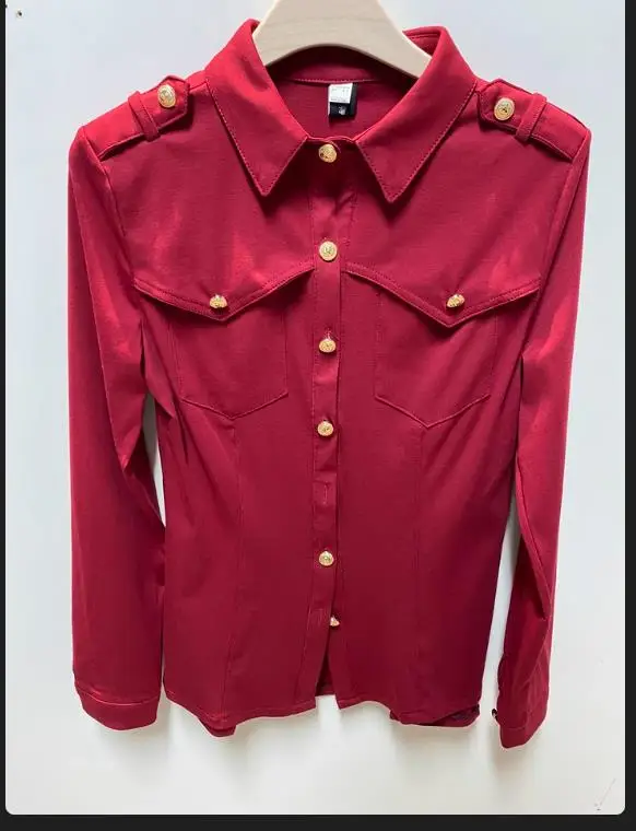 Spring Long Sleeve Turn Down Collar epaulet Cotton Shirts Women Button Cotton Blouses Women epaulet Cotton Tops