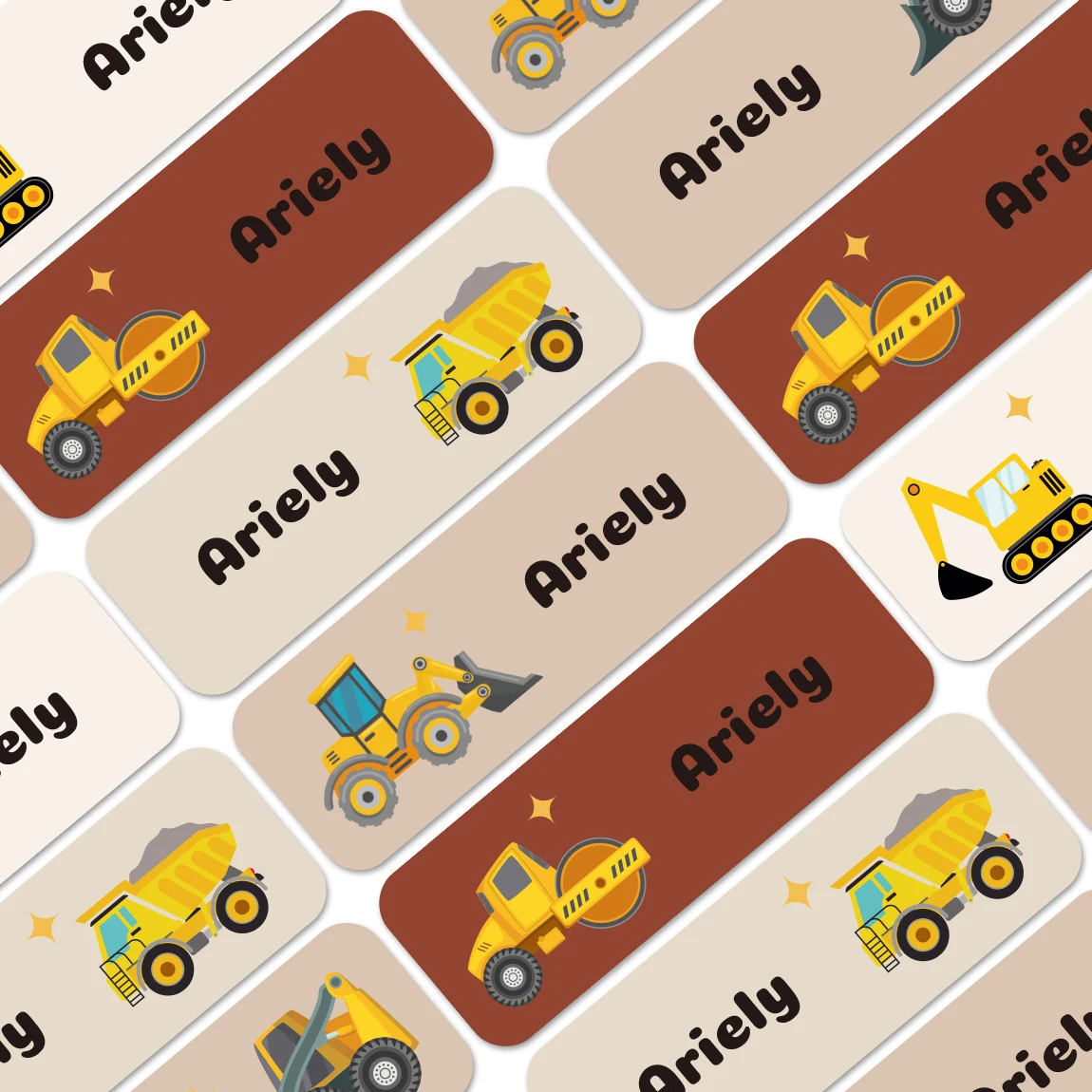 120 peças adesivos personalizados com nome infantil, etiquetas à prova d'água com tema de caminhão de construção para material escolar, livros, copos, lancheiras