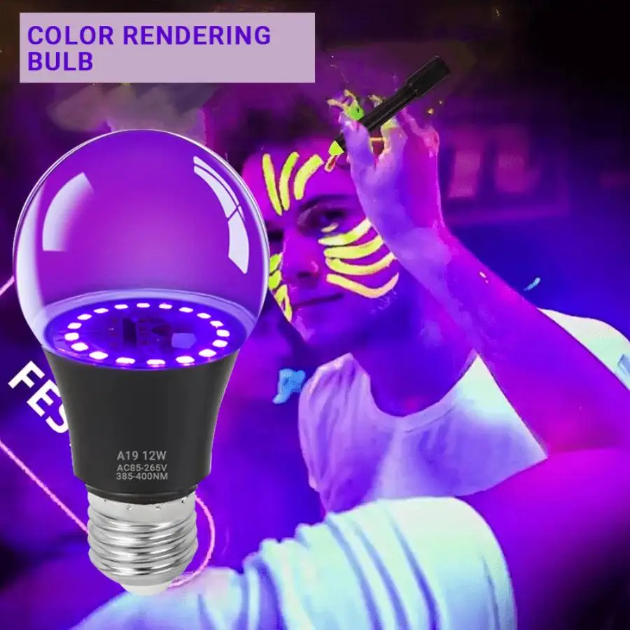 2 Pack E27 LED Black Light Bulb A19 12W UV Black Light UVA 385-400nm Glow in The Dark for Blacklights Masquerade Party Halloween