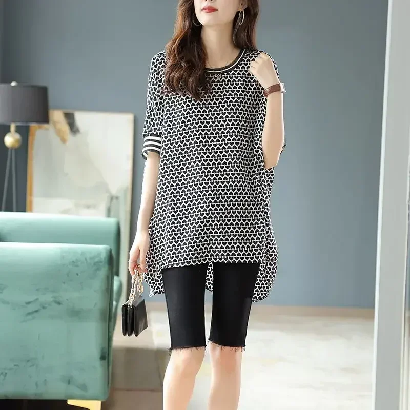 

Fashion Printed Loose Asymmetrical Blouse Women Clothing 2023 Spring New Oversized Casual Pullovers Half Sleeve Irregular Shirt