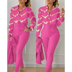 2024 Women Bronzing Chevron Print Shirt Top & Pants Set with Belt Korean Style Office y2k Ensemble Femme 2 Pieces Sets Workwear