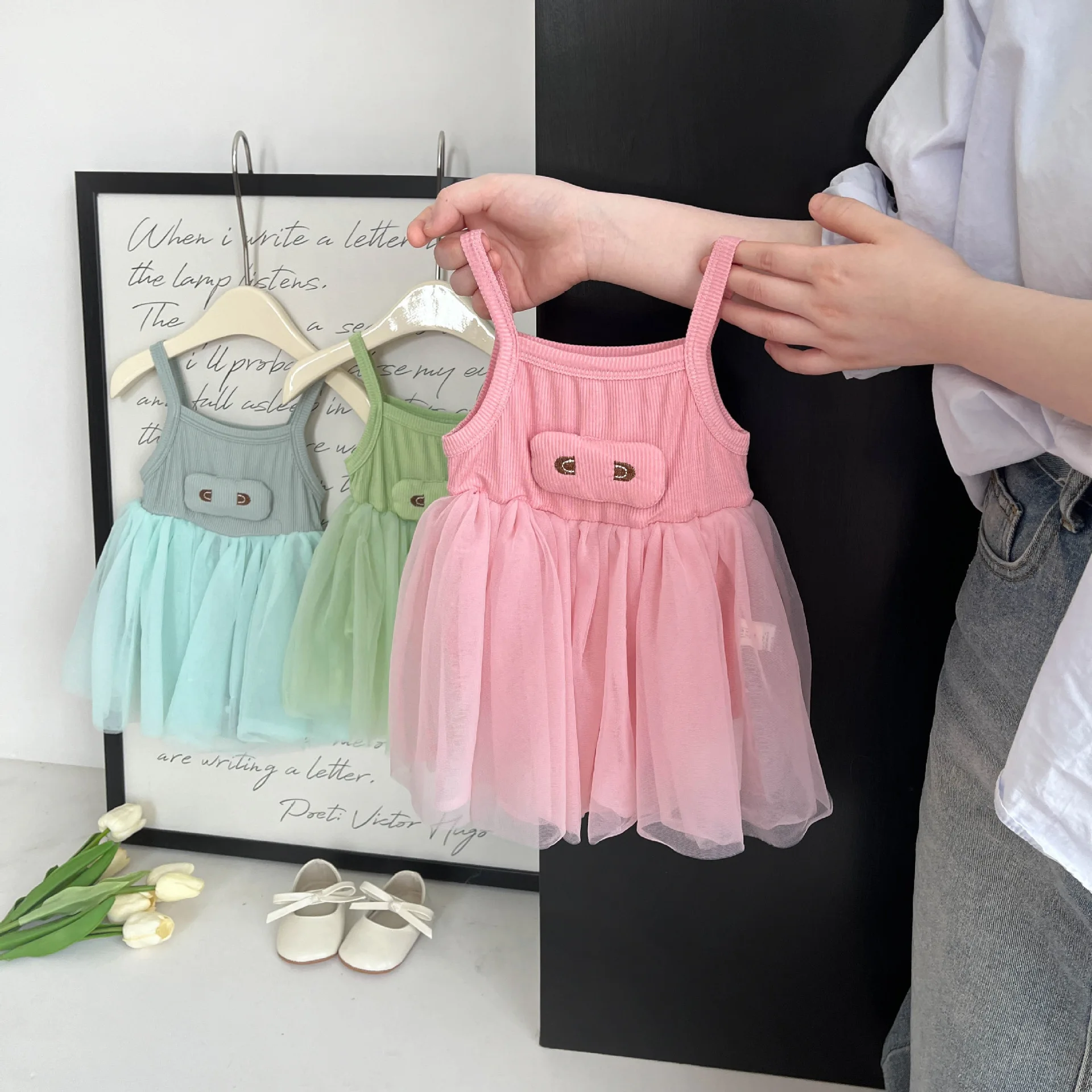 Summer Baby Girls Princess Dress Cartoon Patched Solid Spliced Mesh Toddler Girls Dress Cool Sleevless Infant Girls Dress