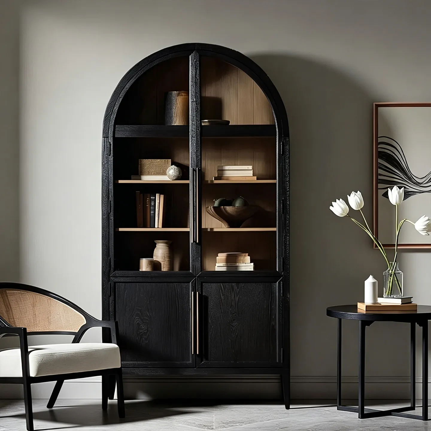 Solid wood bookcase retro wine cabnet arched glass door dining side cabinet living room display cabiet locker