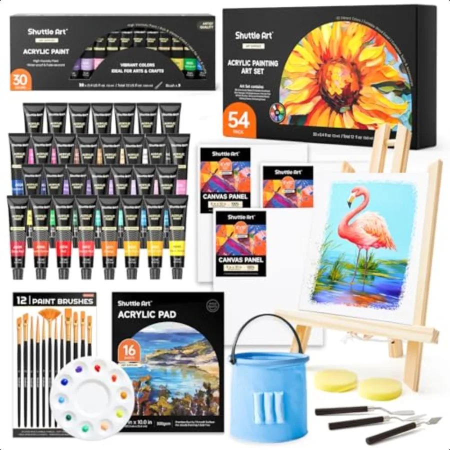 

Shuttle Art 54 Pack Acrylic Paint Set Acrylic Painting Set with 30 Colors Acrylic Paint Wooden Easel Painting Canvas Paint Brus