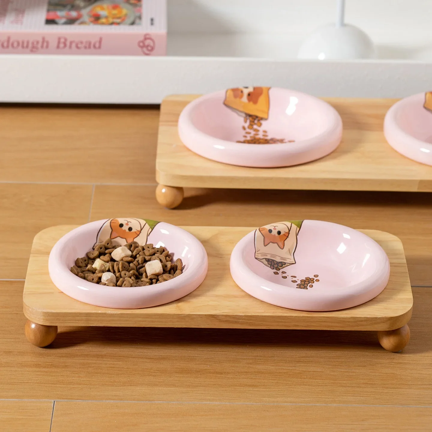 Cute Cartoon Double Ceramic Pet Bowls with Solid Oak Stand Elevated Raised Feeding Dishes for Cats and Small Medium Dogs