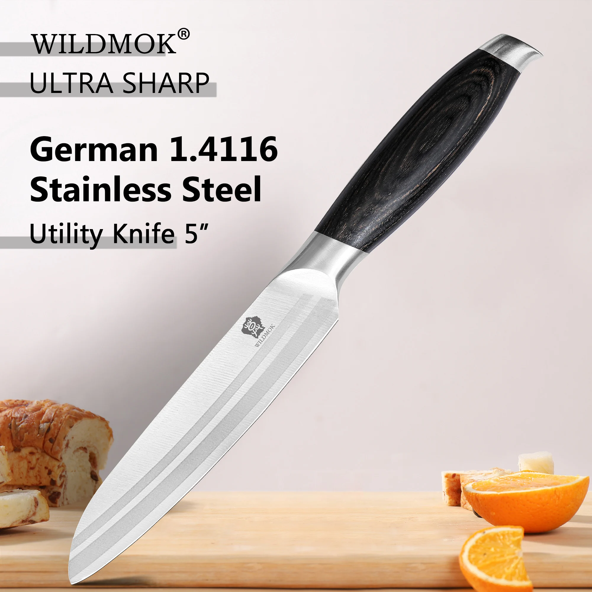 WILDMOK 5 Inch Utility Knife Kitchen Knife Stainless Steel Blade Pakkawood Handle Ergonomic Multi‑Purpose Cooking Tool