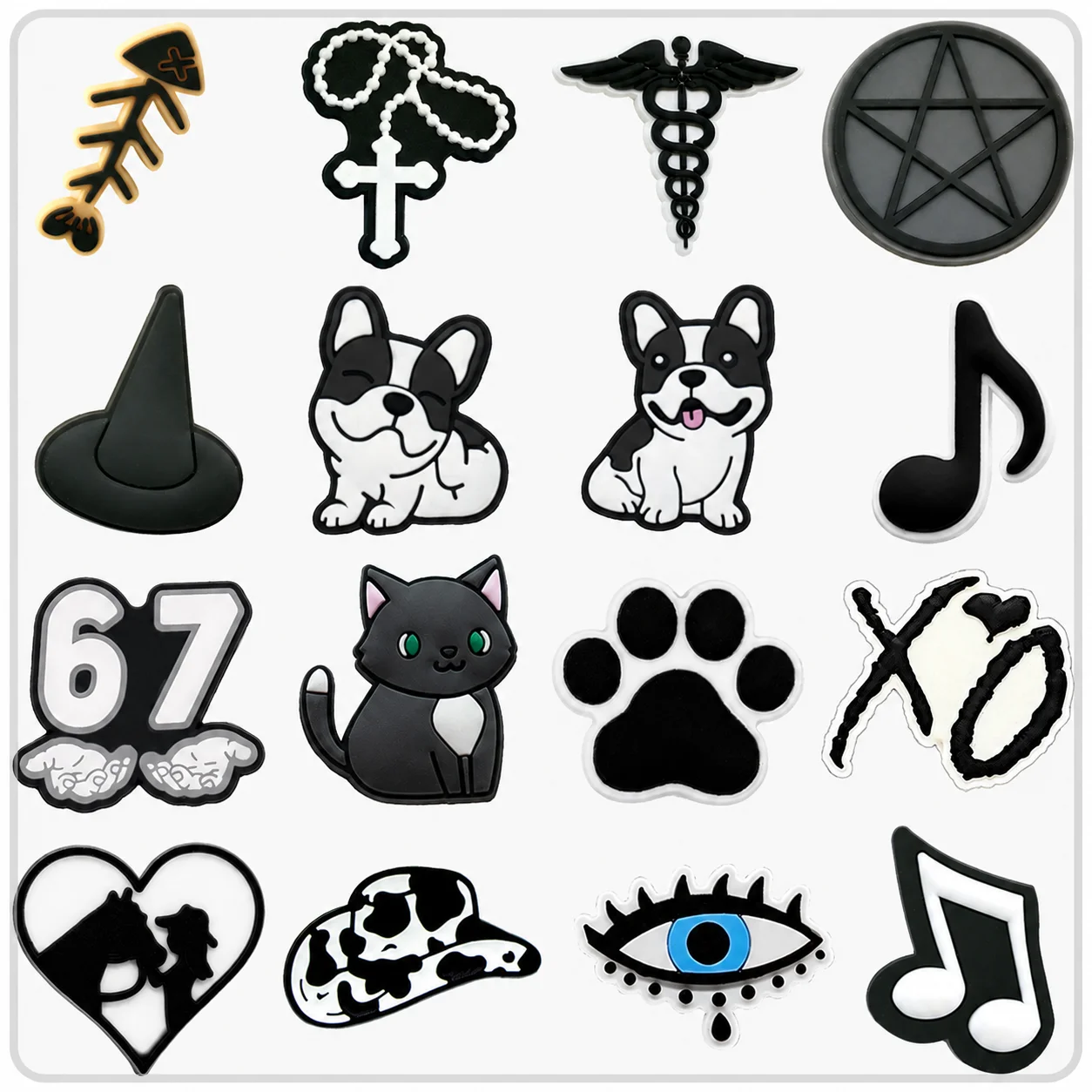 1-16PCS Black Hat Shoe Charms for Dogs, Music Note and Cross Charms for Shoes, Cat Paw 67-Style Sandals and Clogs Buckles