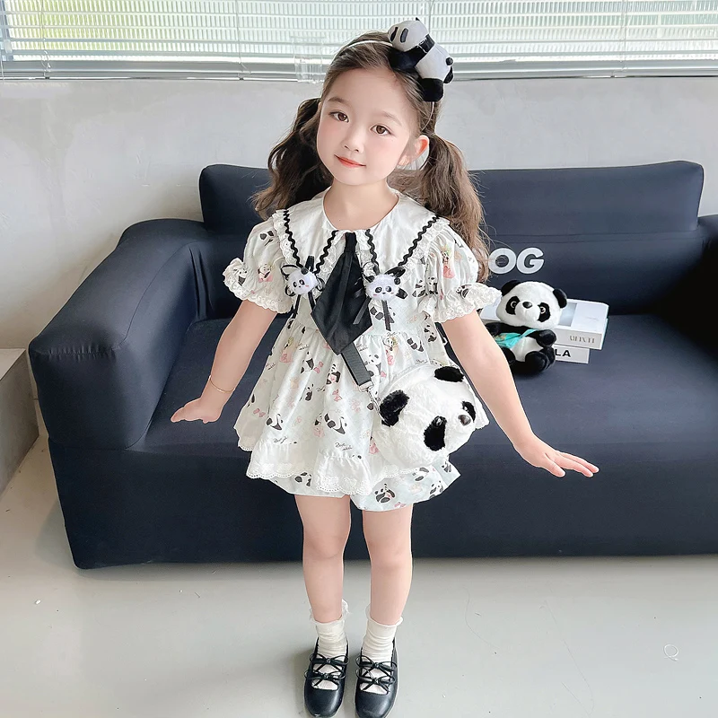 2024 New Summer Girl Panda Printed Lolita Dress Set New Chinese National Style Design Foreign Girl Fashion Princess Dress