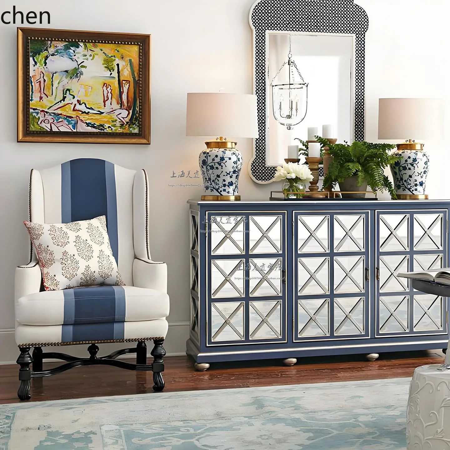 

LQC solid wood porch cabinet modern living room gold-painted dining side cabinet storage glass surface decorative side cabinet