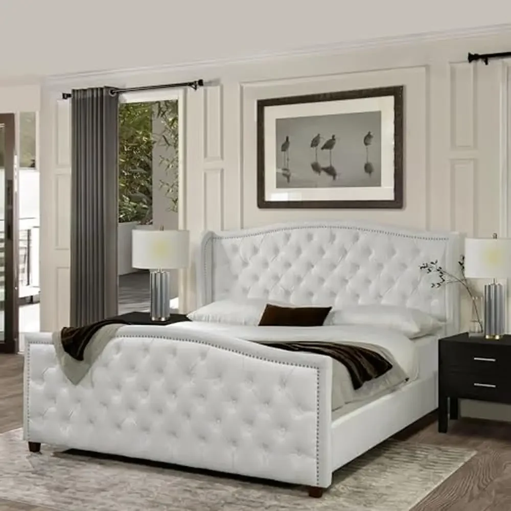 King Size Bright White Polyester Upholstered Panel Bed Set with Nailhead and Tufted Features Durable Birch Frame 88"L x 83"W x image 2