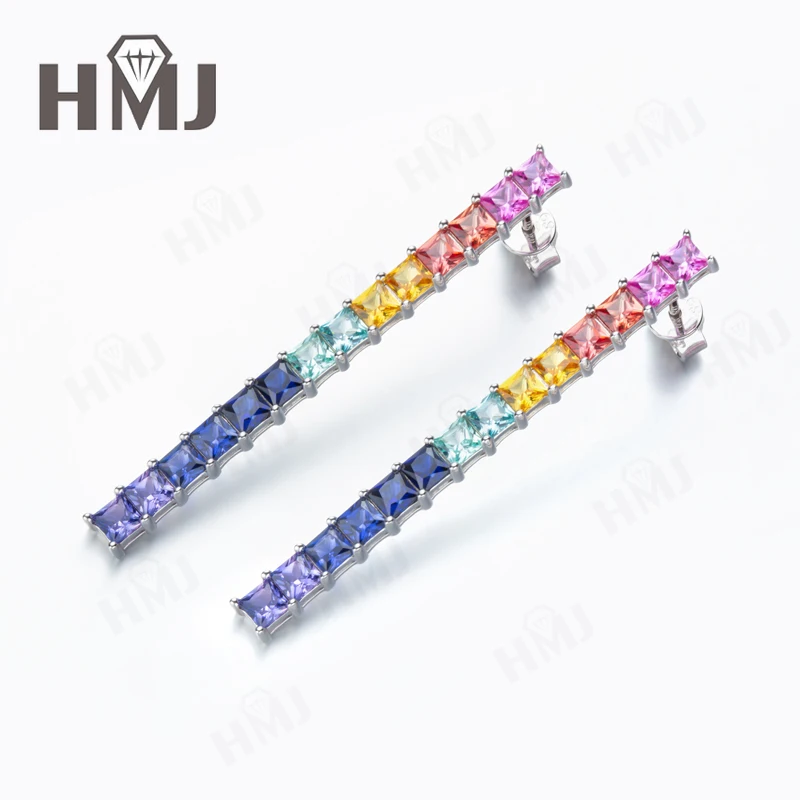 Lab Grown Gemstone Princess Cut Rainbow Jewelry Set S925 Silver Tennis Bracelet Hoop Earrings Eternity Ring Party for Women