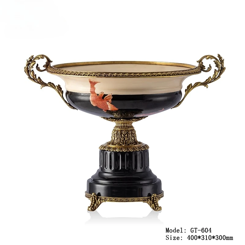 

Входной атмосферный медный фруктовый горшок с рогом изобилия и керамической инкрустацией, новый китайский сине-белый фарфоровый фруктовый горшок