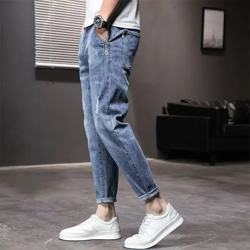 Spring New Men's Jeans Loose-fit Straight-leg Ripped Casual Nine-point Trousers Trendy Fashion Spring Autumn Male Suit