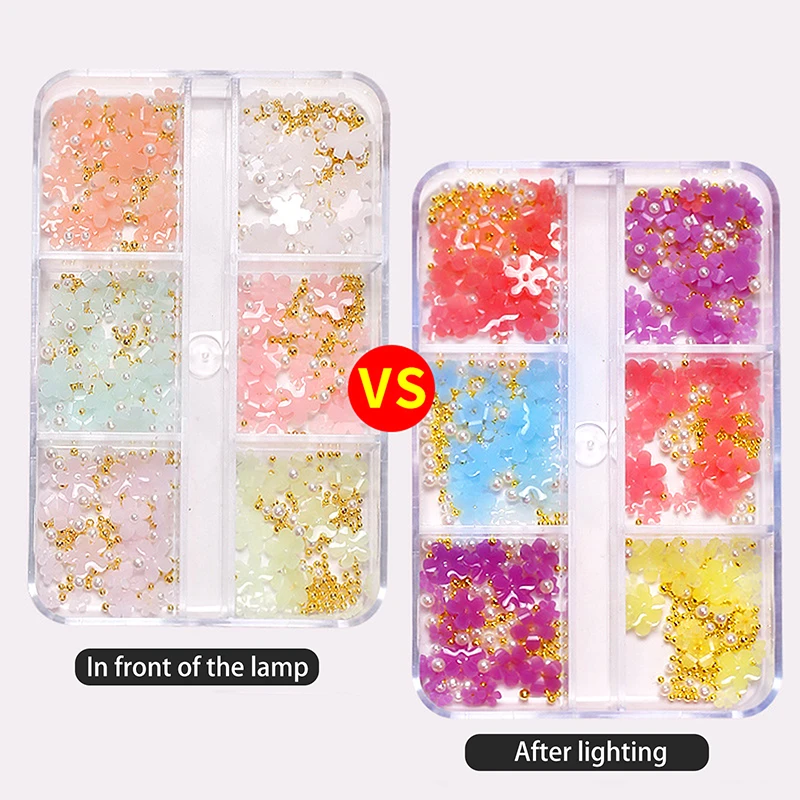 Flower Nail Light-Changing Charms 1box 6 Grids Plastic Flower Nail Art Rhinestones Five-Petal Flower Small White Blossom Petal