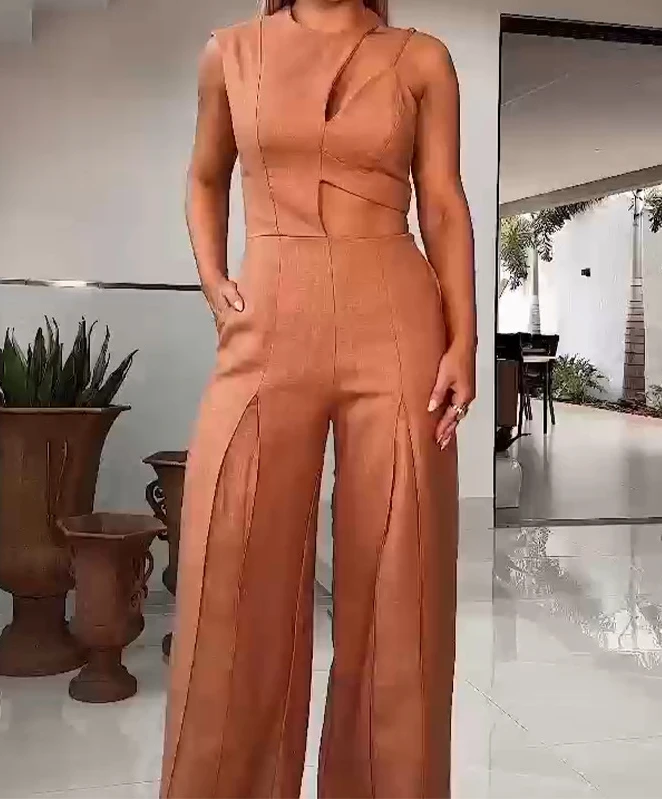 Jumpsuits for Women 2024 Summer New Fashion Round Neck Hollow Out Overalls Elegant Temperament High Waist Wide Leg Jumpsuit