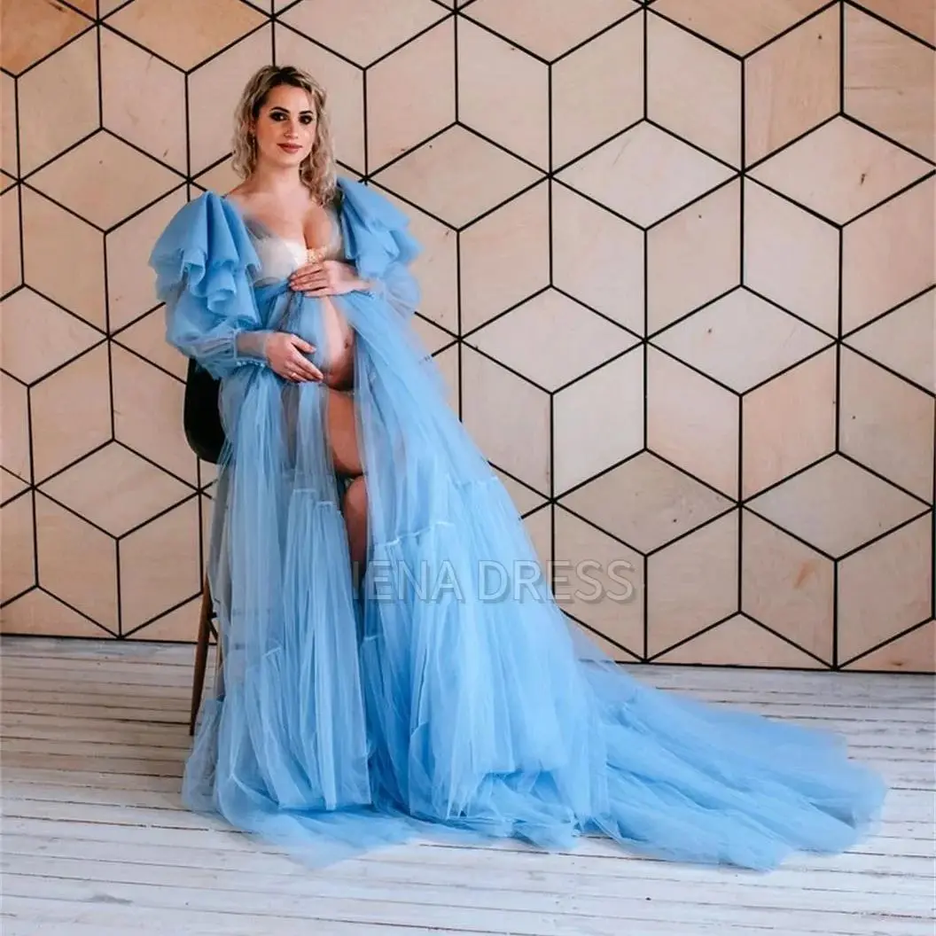 Robe de douche de bébé à col en V bleu, manches à volants, peignoir transparent, robes de photographie de grossesse, ALTERShoot