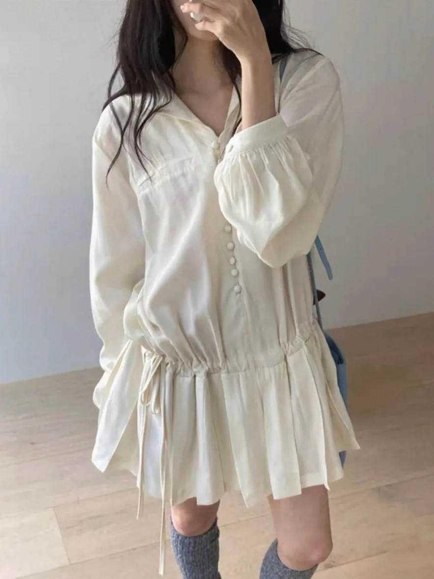 Slimming Long Sleeve Shirt Dress Women's Chic Personality  Pleated Drawstring Korean Style City Commute V-neck A-line Dress