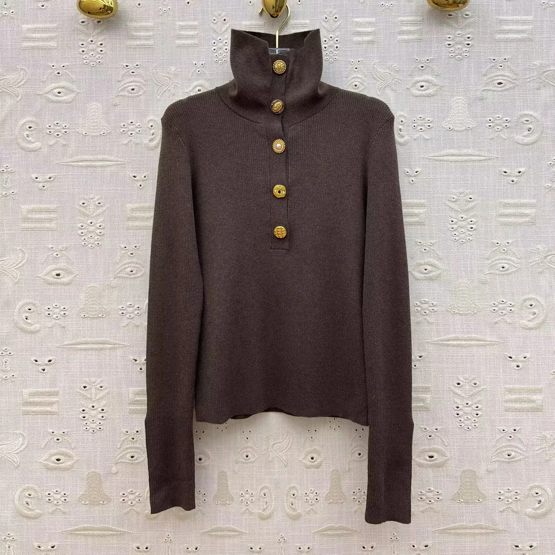 

Новый осенний модный винтажный свитер с высоким воротником и большими золотыми пуговицами, женский тонкий базовый универсальный вязаный джемпер с длинными рукавами