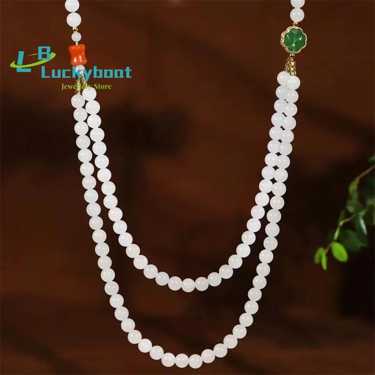 Natural Xinjiang Sheep Fat White Gold Silk Jade Ball Necklace Women's Mother Chain Sweater Chain Accessories Charm Jewelry Gift