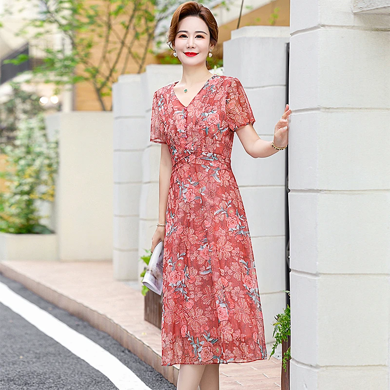 Women's V-Neck Mesh Floral Slim Dress Summer Boho A-Line Dresses Elegant Korean Fashion Beach Mid Length Female Vestidos