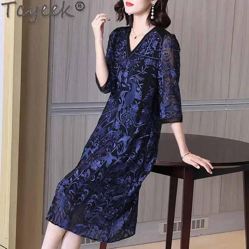 Tcyeek 100% Mulberry Real Silk Summer Dresses Women's Heavyweight Temperament Dress 2023 Fashion Mid-length Dress Vestidos Cjk