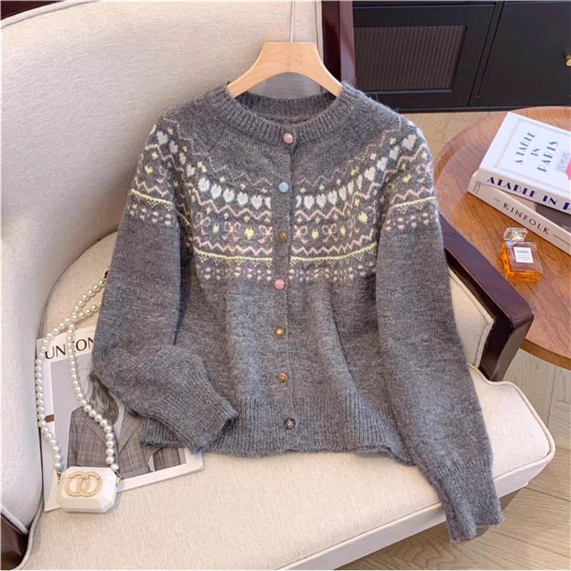 

Корейский серый короткий вязаный кардиган, свитер, куртка, весенне-осенняя женская однобортная куртка с круглым вырезом и длинными рукавами, женское трикотажное пальто